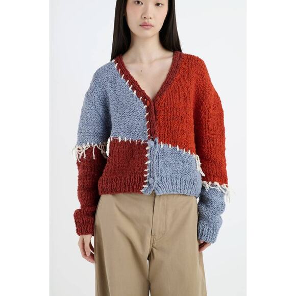 The Elder Statesman Patchwork Boucle Cardigan in Earth Multi S
